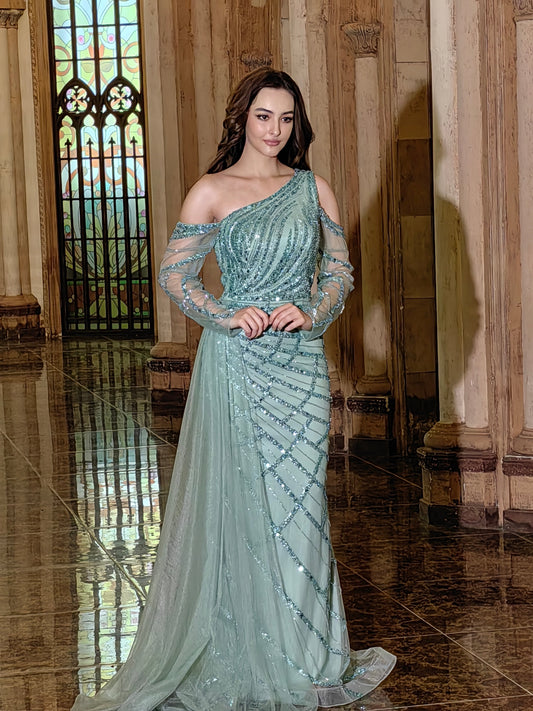 Formal Dresses Long Couture Long Sleeve Beaded Formal Dress Emerald Green