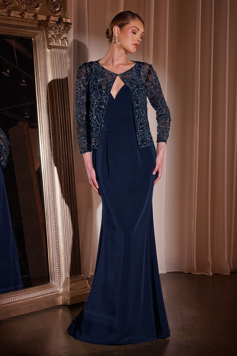 Formal Dresses LaDivine J881 Long Evening Fitted Formal Bolero Dress Navy