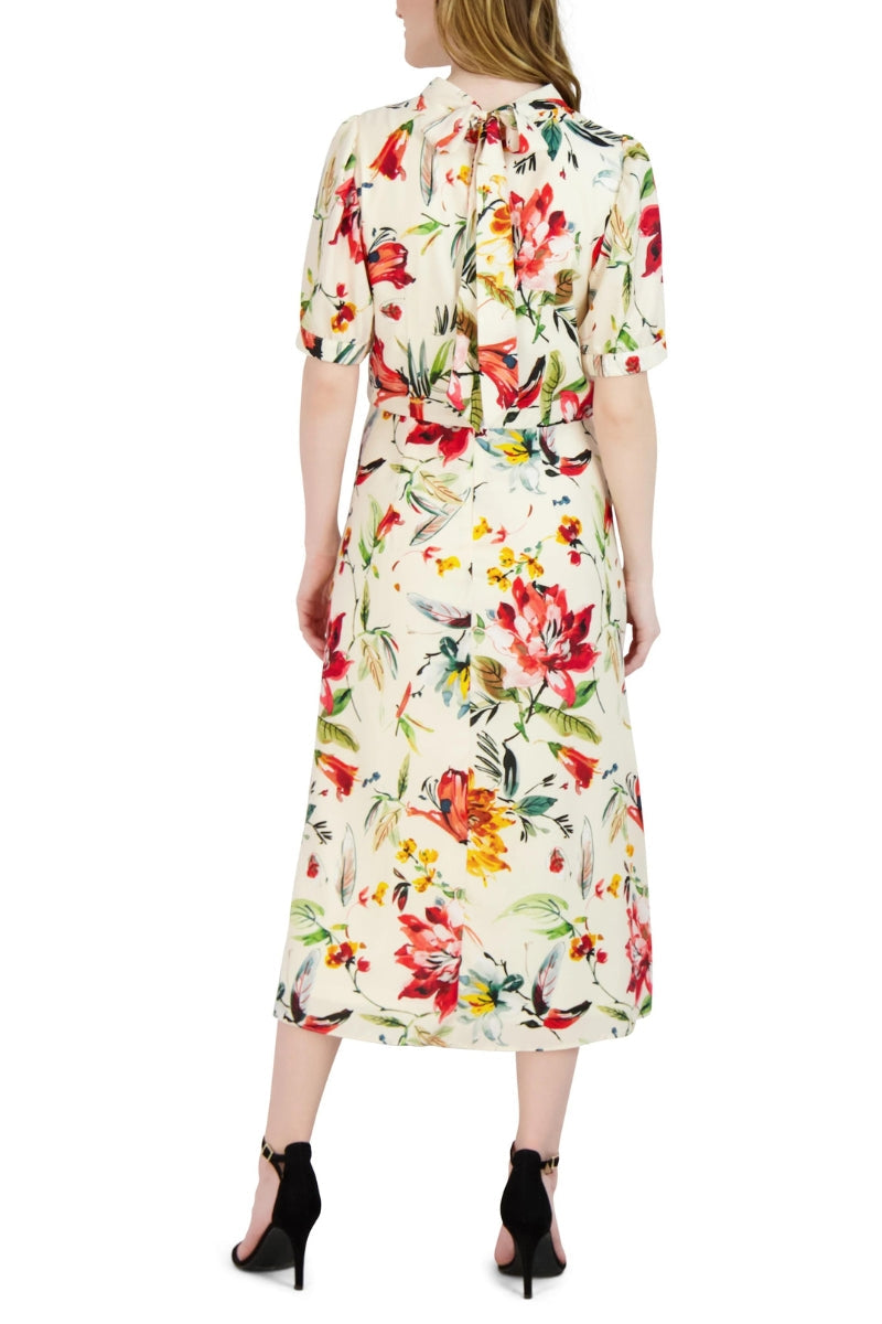 Cocktail Dresses Floral Print A Line Cocktail Midi Dress Ivory Multi