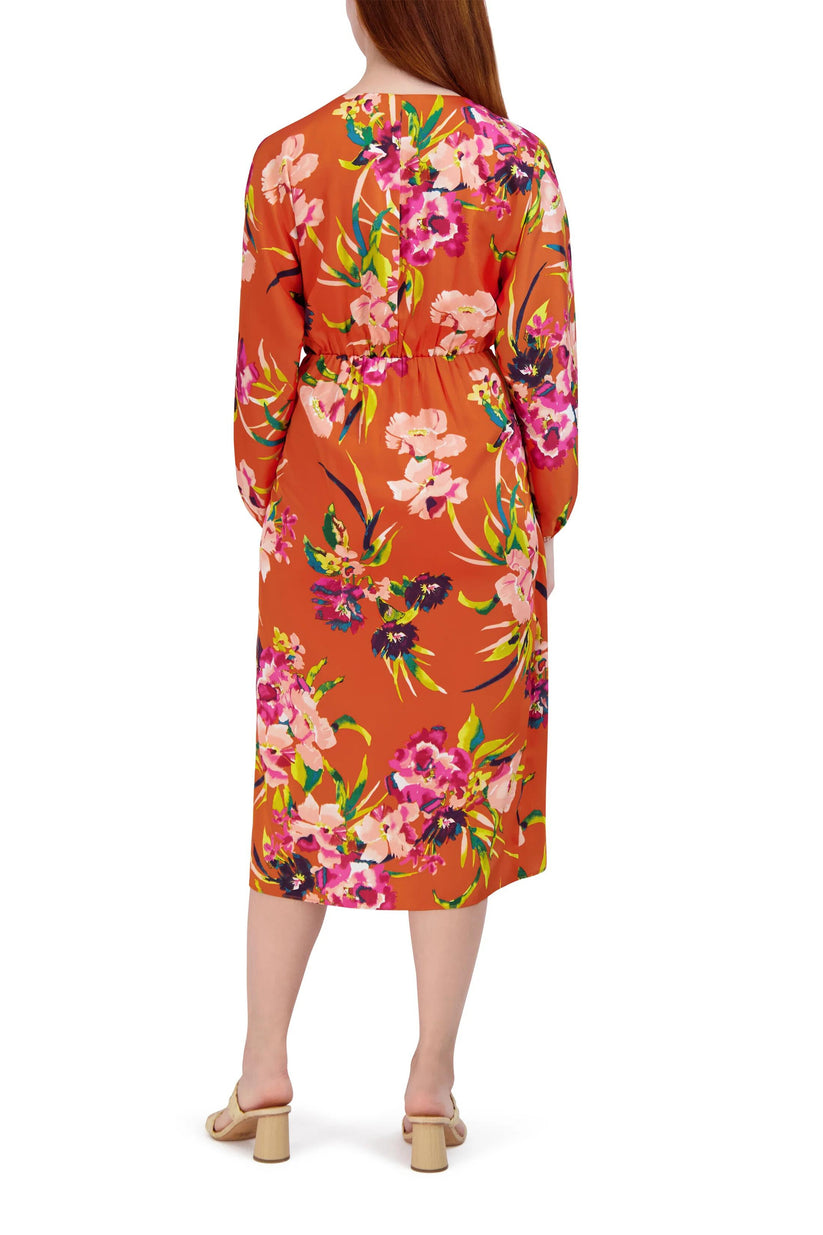 Cocktail Dresses Printed Long Sleeve Midi Cocktail Dress Orange Multi