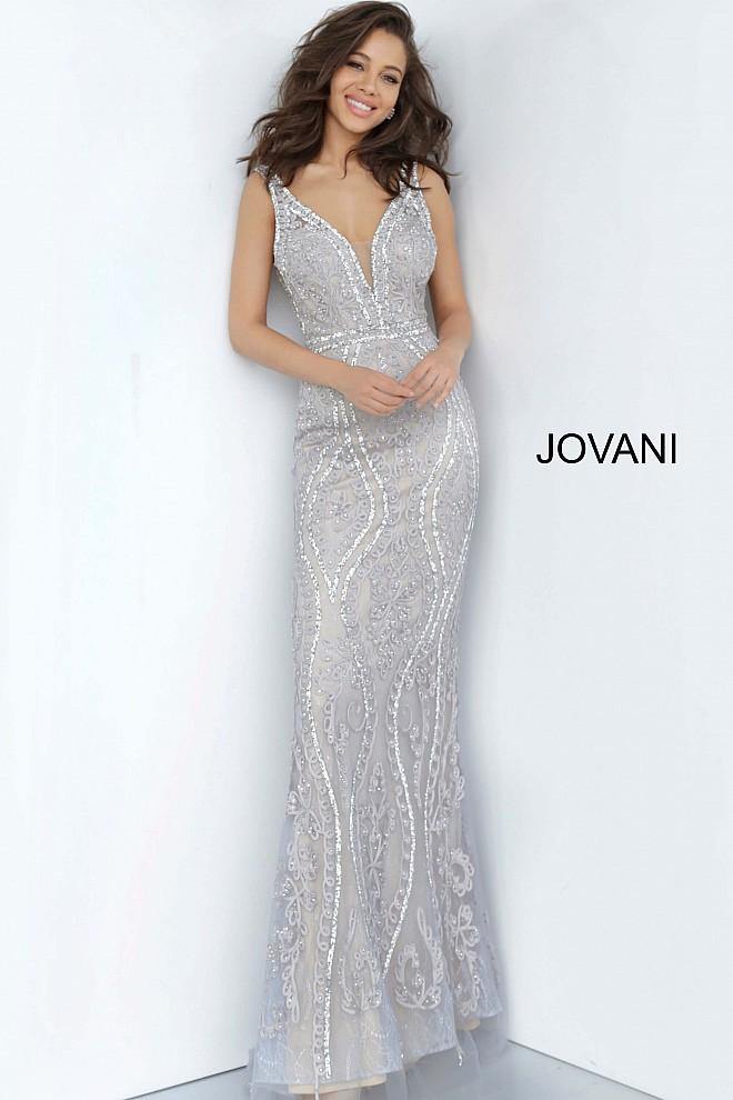 JVN By Jovani Long Formal Prom Dress JVN03112 Grey - The Dress Outlet Jovani
