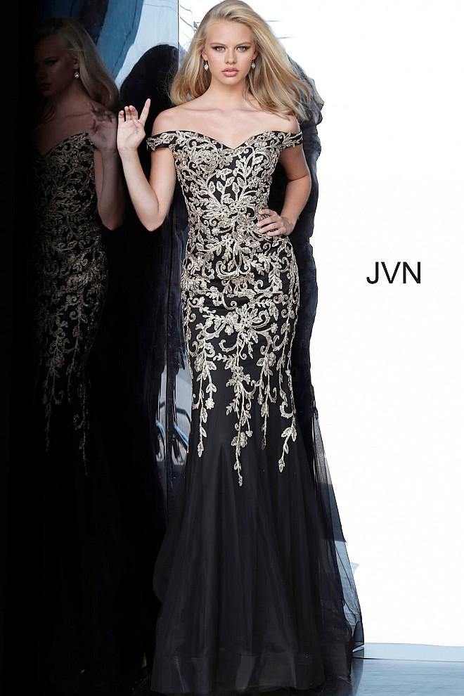 JVN By Jovani Prom Long Dress JVN3907 Black/Gold - The Dress Outlet Jovani