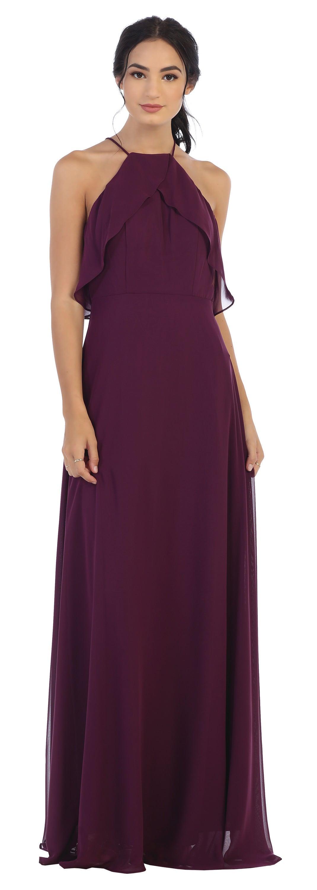 Long Bridesmaids Ruffle Halter Chiffon Dress - The Dress Outlet