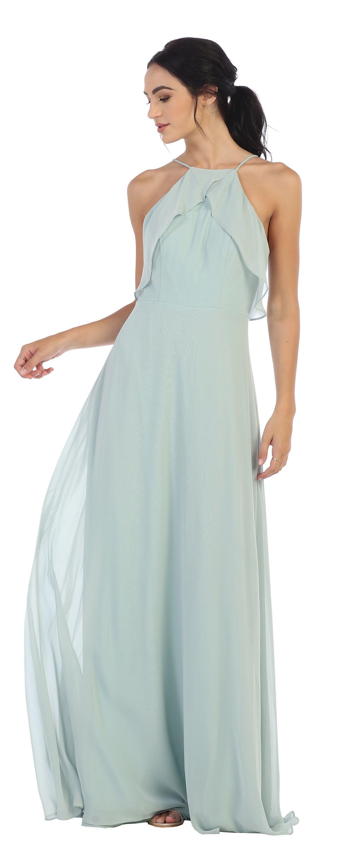 Long Bridesmaids Ruffle Halter Chiffon Dress - The Dress Outlet