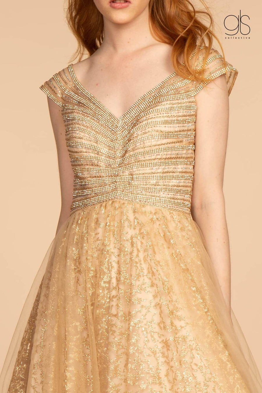Long Formal Cap Sleeve Glitter Print Skirt Prom Dress - The Dress Outlet Elizabeth K