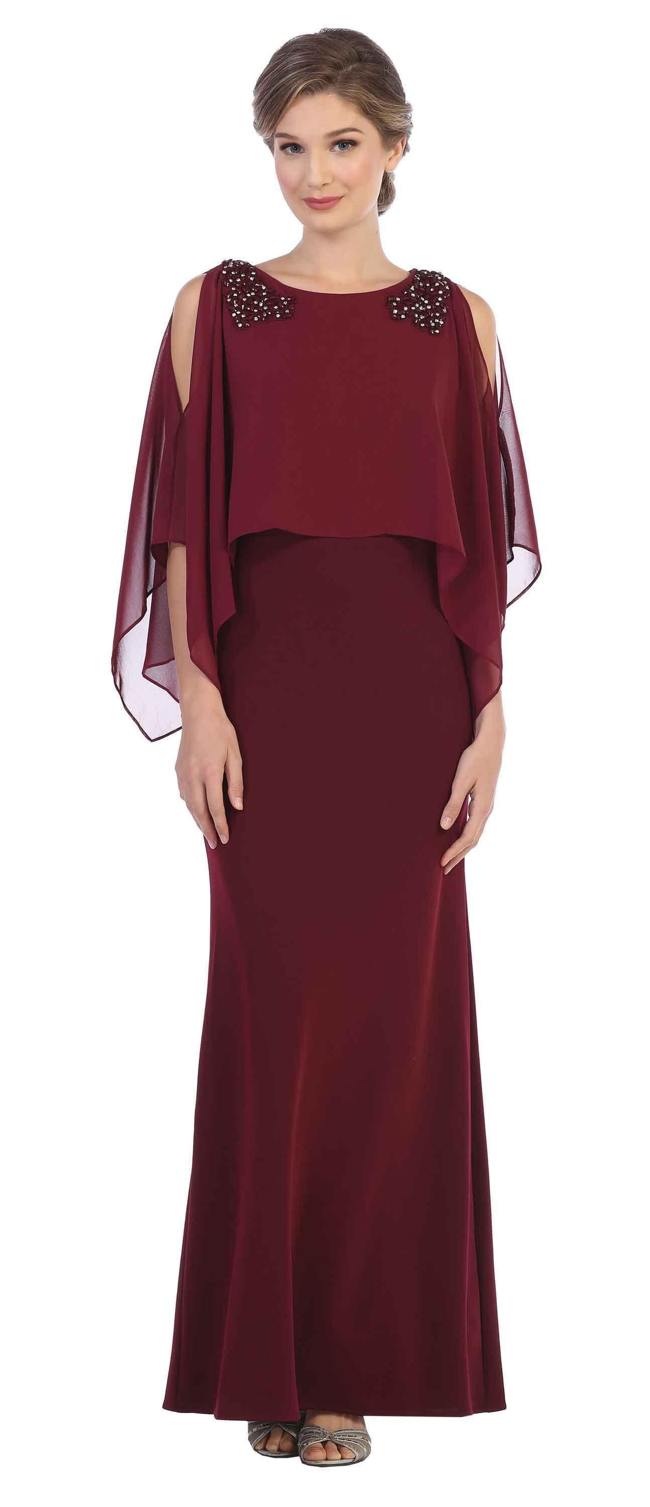 Long Formal Cape Mother of the Bride Chiffon Dress - The Dress Outlet Eva Fashion