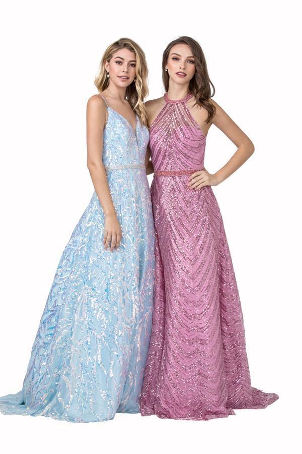Long Formal Halter Sequins Prom Ball Gown - The Dress Outlet