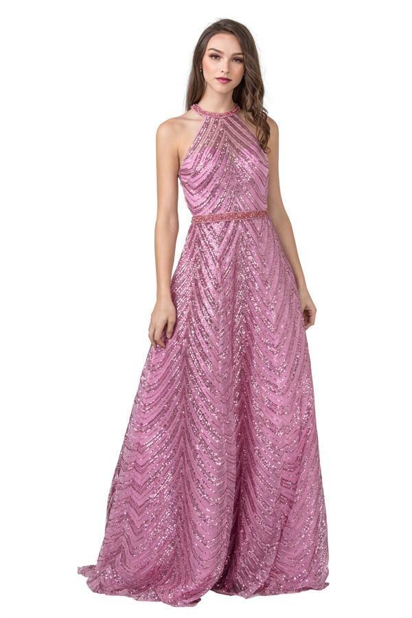 Long Formal Halter Sequins Prom Ball Gown - The Dress Outlet