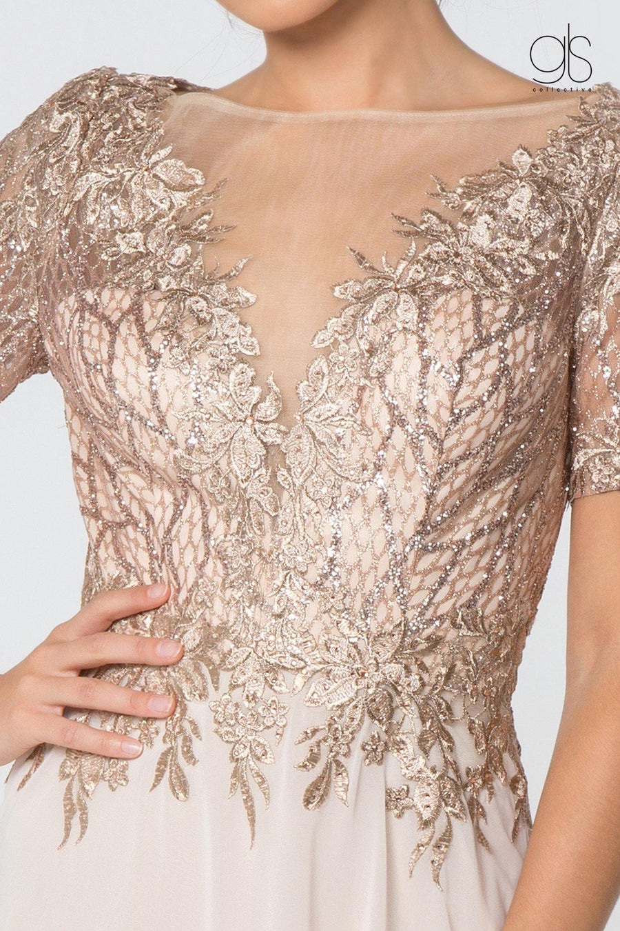 Long Formal Mother of the Bride Metallic Lace Chiffon Dress - The Dress Outlet Elizabeth K