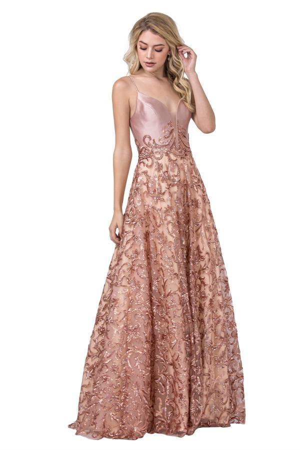 Long Formal Spaghetti Straps Prom Sequins Ball Gown - The Dress Outlet