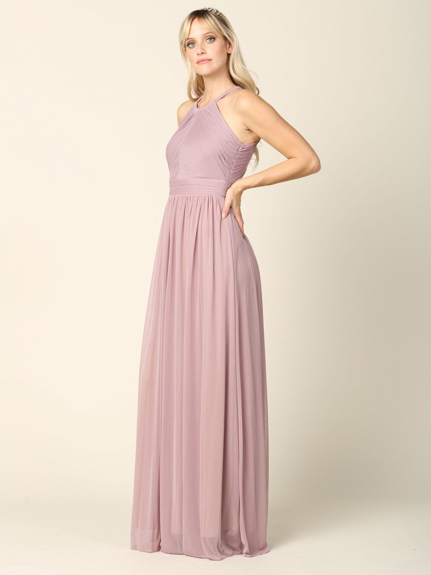 Long Halter Bridesmaid Pleated Dress - The Dress Outlet