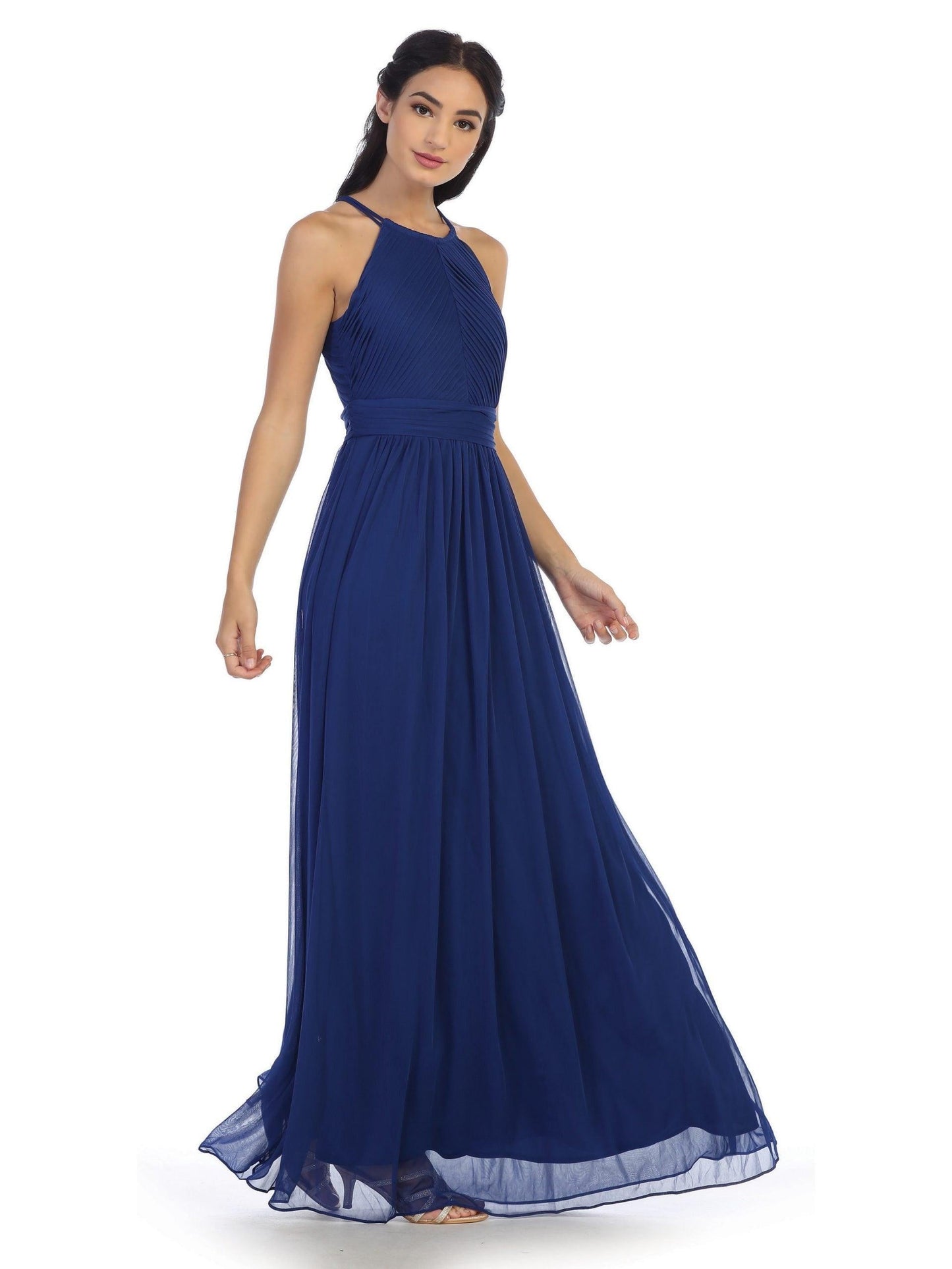 Long Halter Bridesmaid Pleated Dress - The Dress Outlet