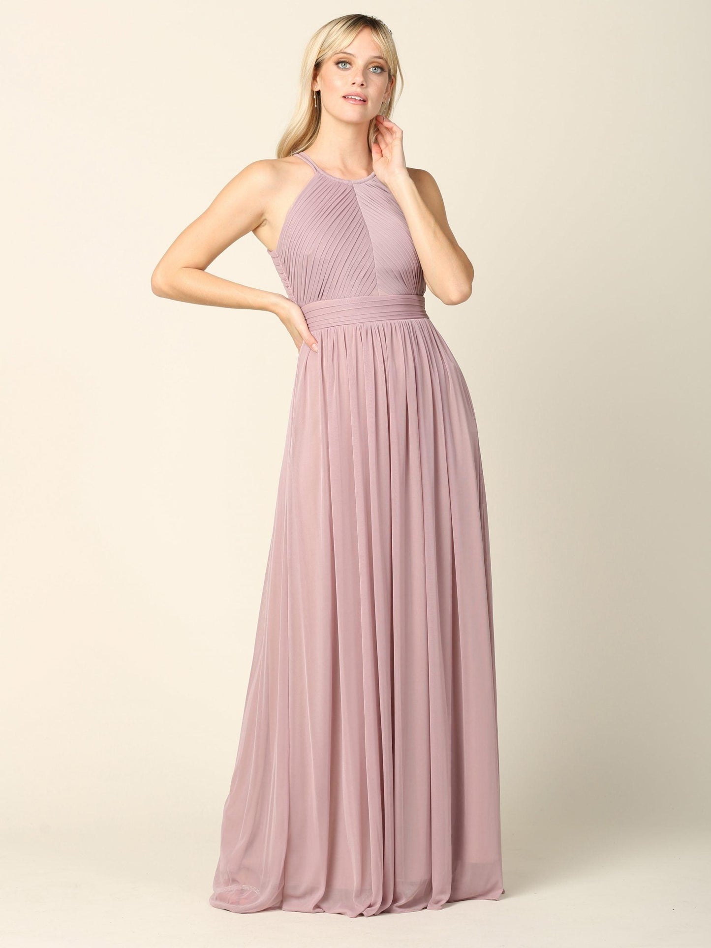 Long Halter Bridesmaid Pleated Dress - The Dress Outlet