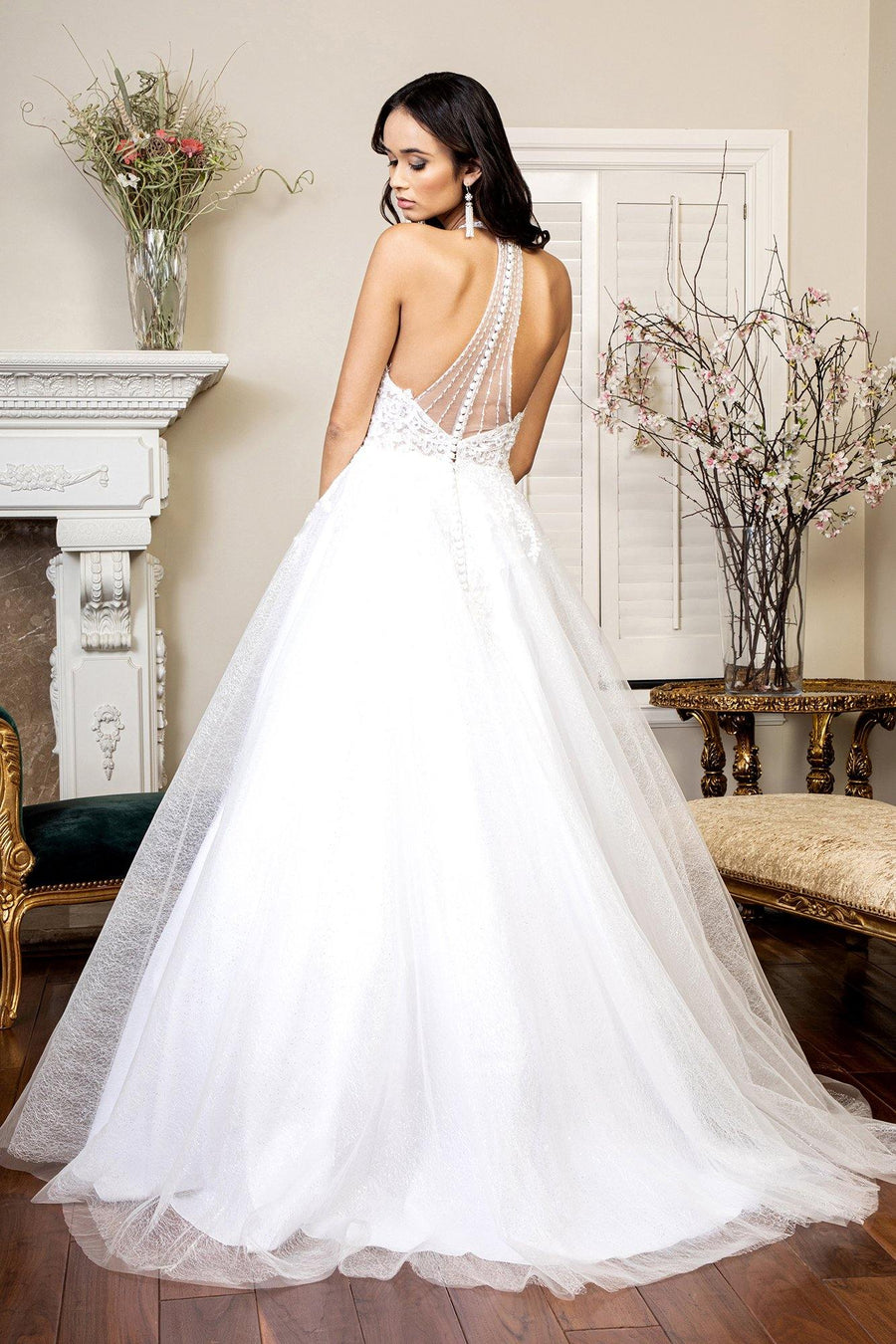 Long Halter Embroidered Glitter Mesh Wedding Gown - The Dress Outlet