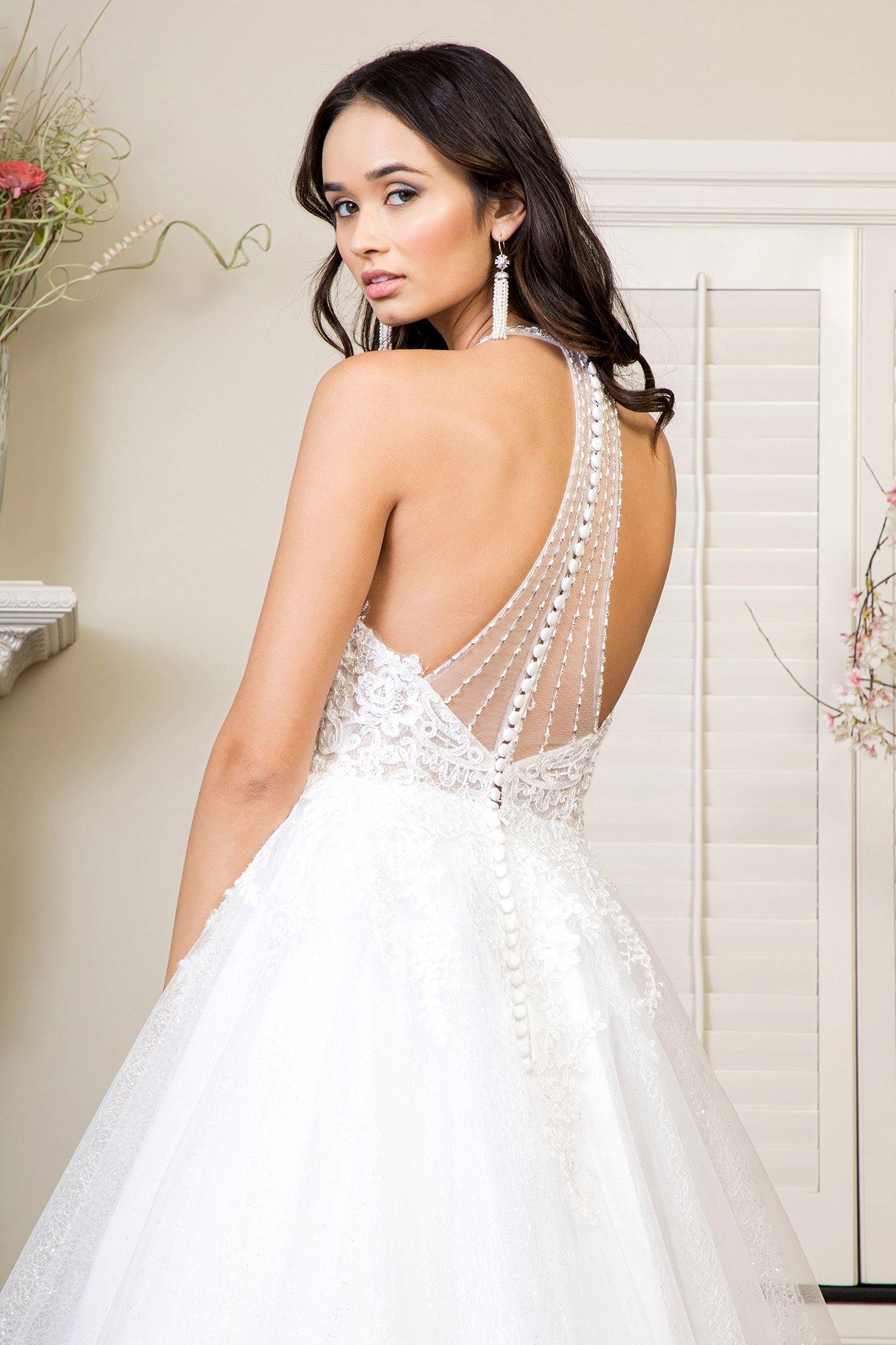 Long Halter Embroidered Glitter Mesh Wedding Gown - The Dress Outlet