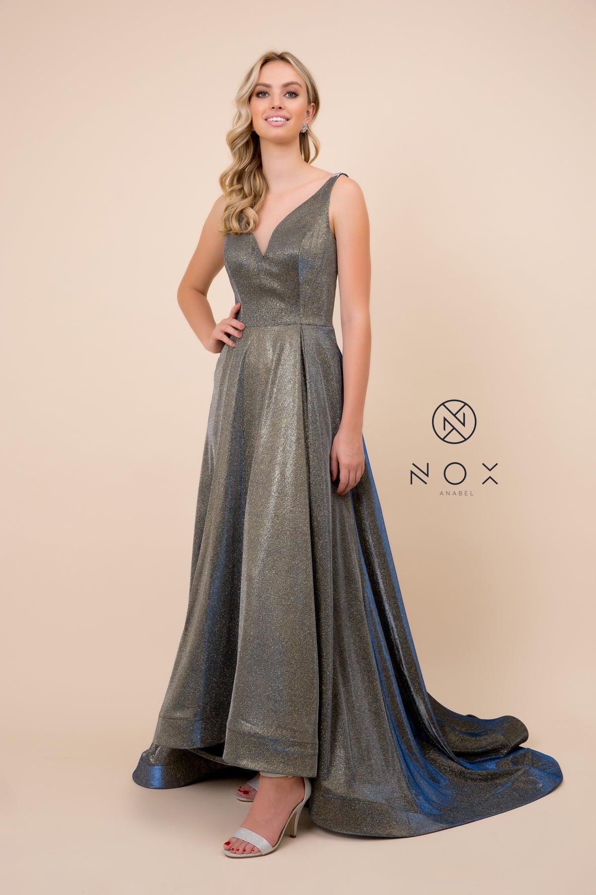 Long Metallic Prom Dress Evening Gown with Pockets - The Dress Outlet Nox Anabel