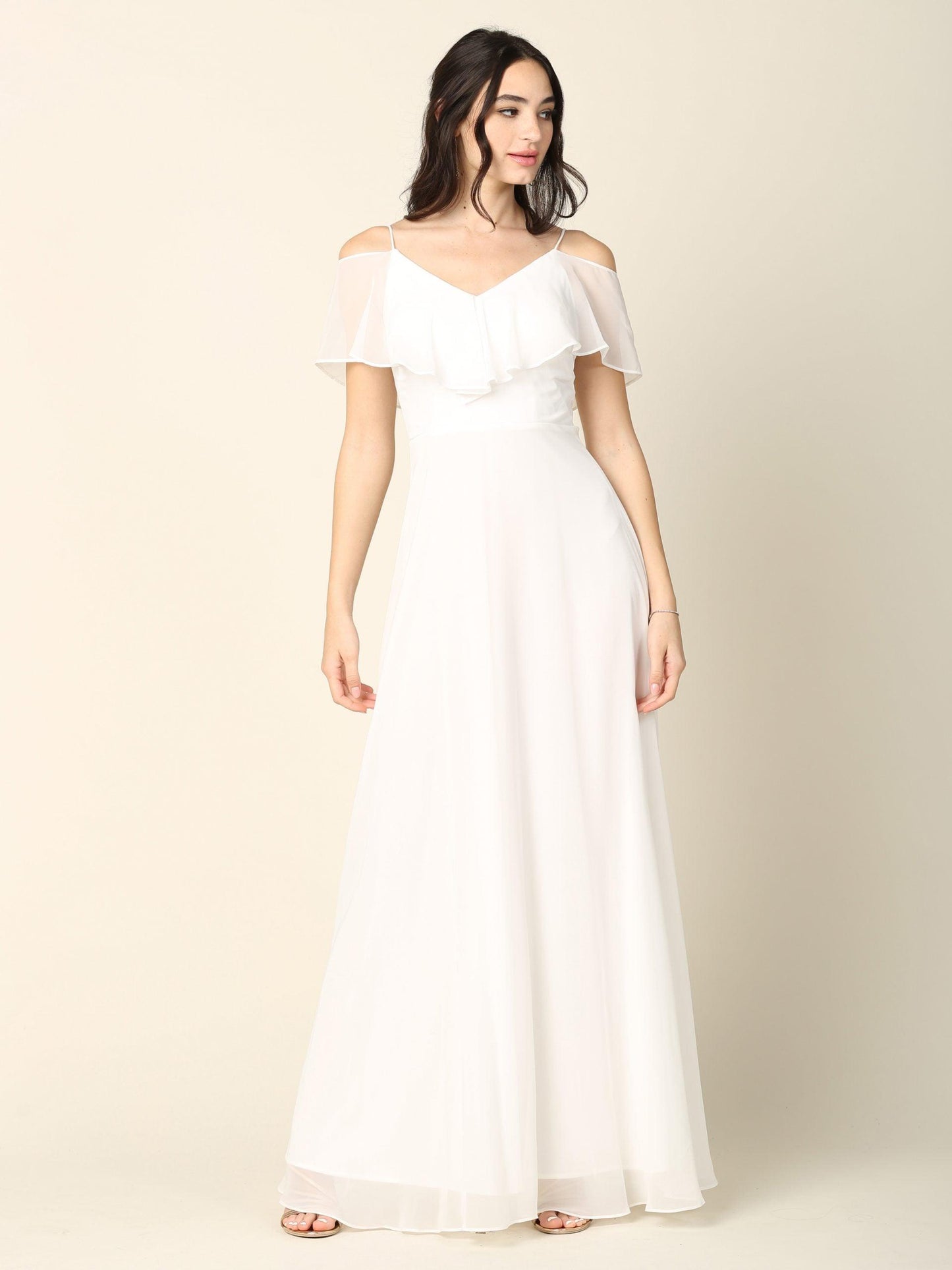 Long Off Shoulder Formal Bridesmaids Chiffon Dress - The Dress Outlet