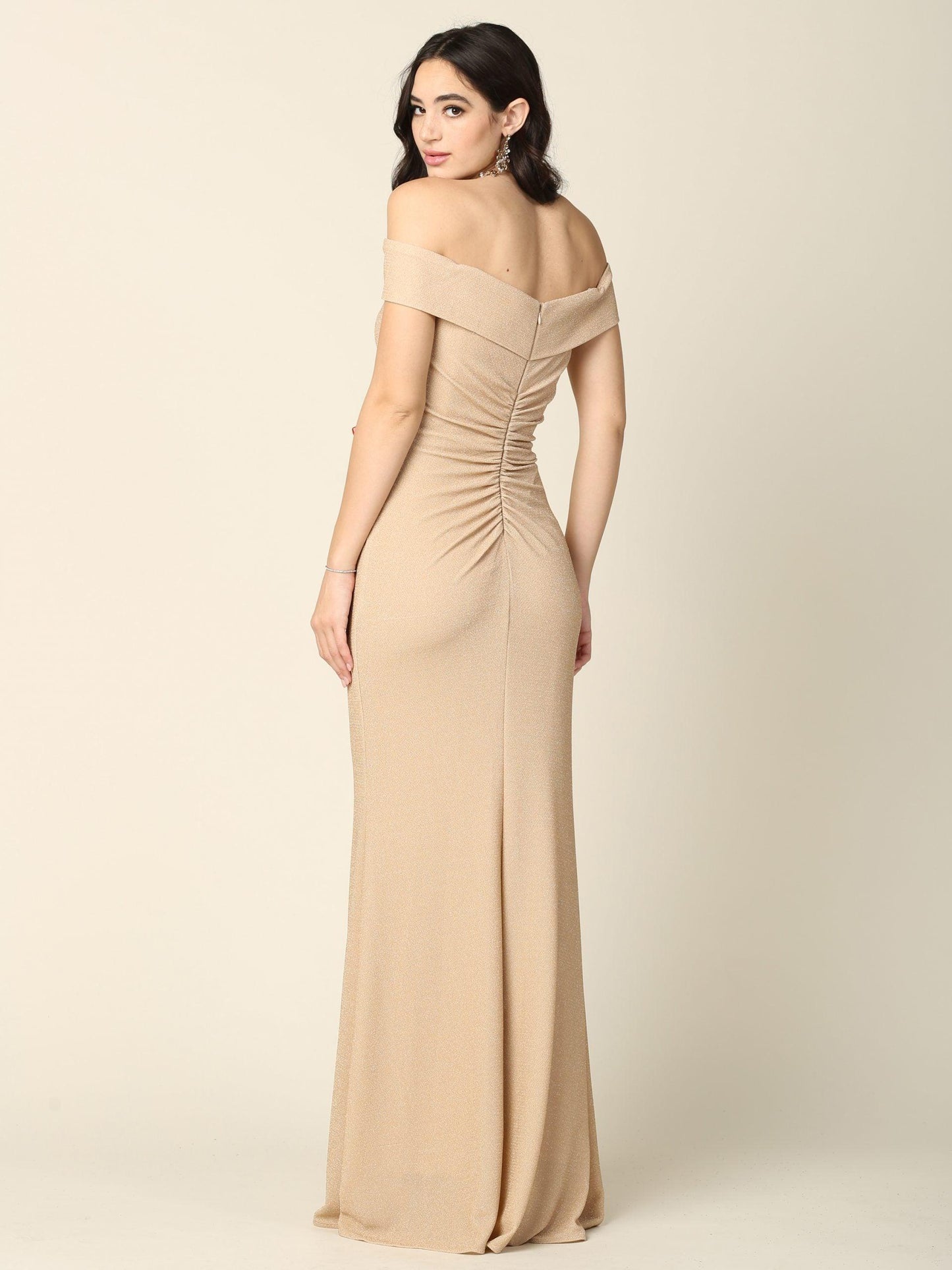 Long Off Shoulder Metallic Fitted Formal Dress Sale - The Dress Outlet