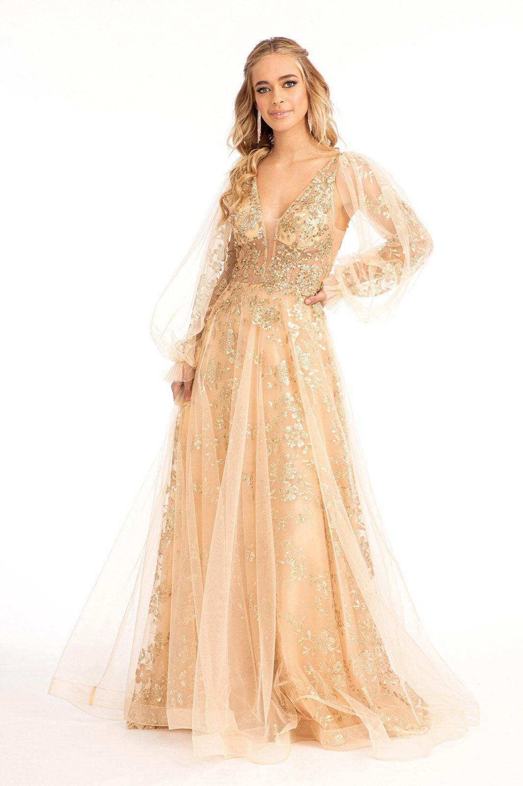 Long Sleeve Formal Glitter Evening Prom Dress Champagne