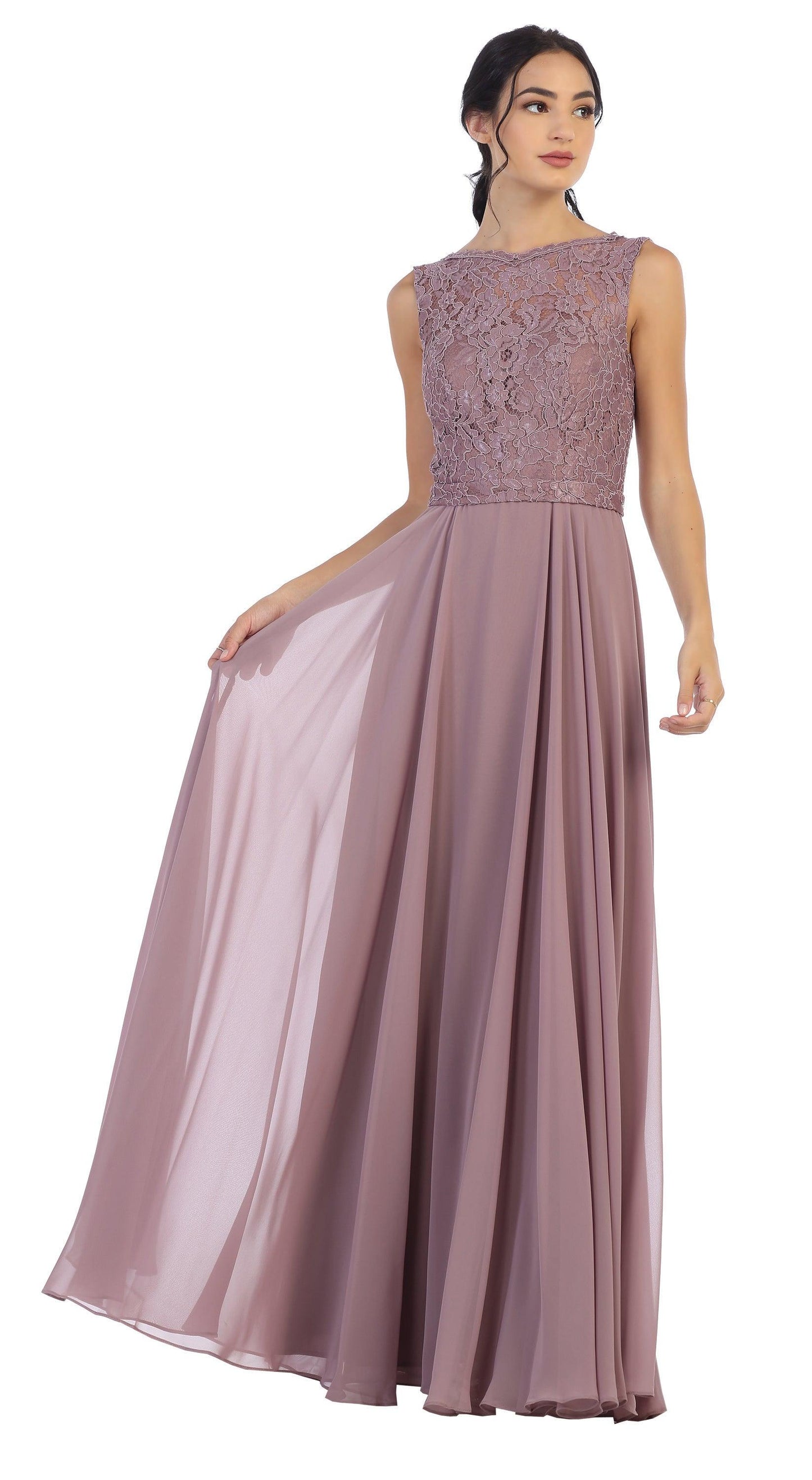 Long Sleeveless Bridesmaids Lace Chiffon Dress - The Dress Outlet