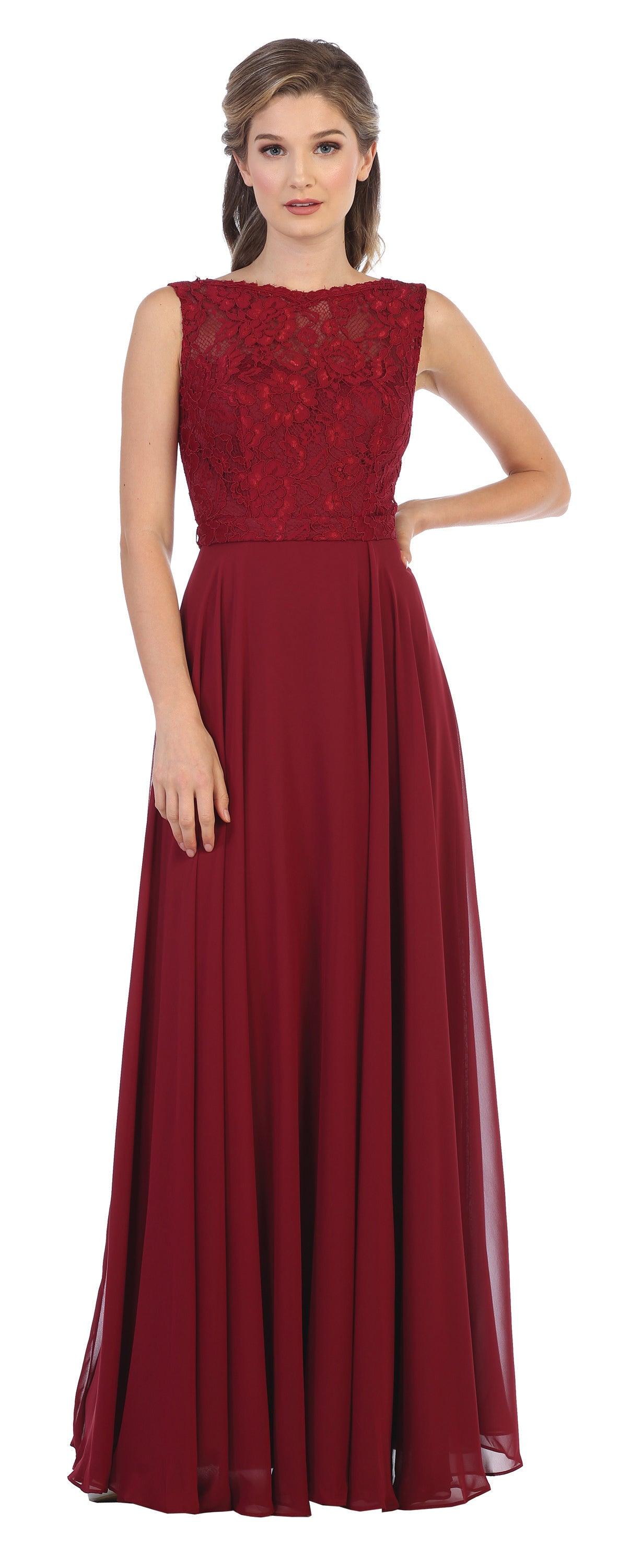 Long Sleeveless Bridesmaids Lace Chiffon Dress - The Dress Outlet