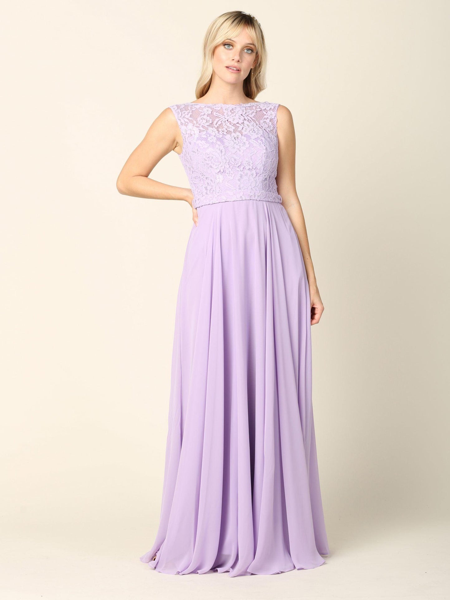Long Sleeveless Bridesmaids Lace Chiffon Dress - The Dress Outlet