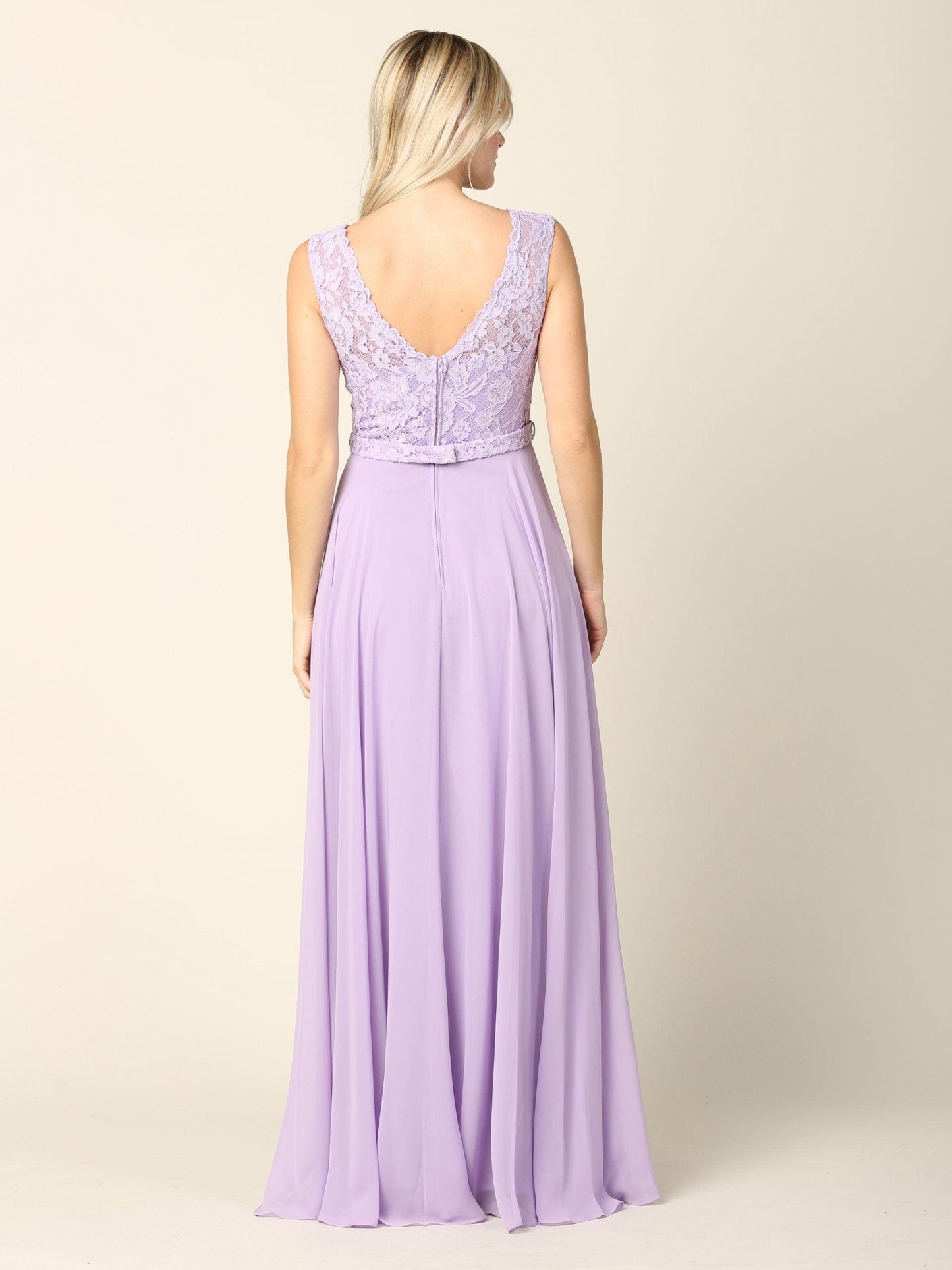 Long Sleeveless Bridesmaids Lace Chiffon Dress - The Dress Outlet