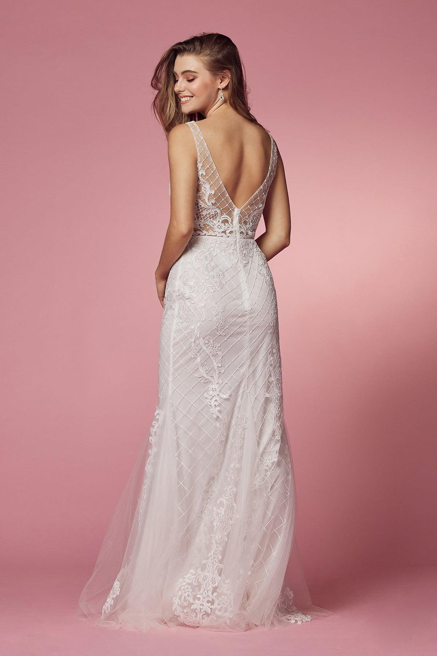 Long Sleeveless Embroidered Mermaid Wedding Dress - The Dress Outlet