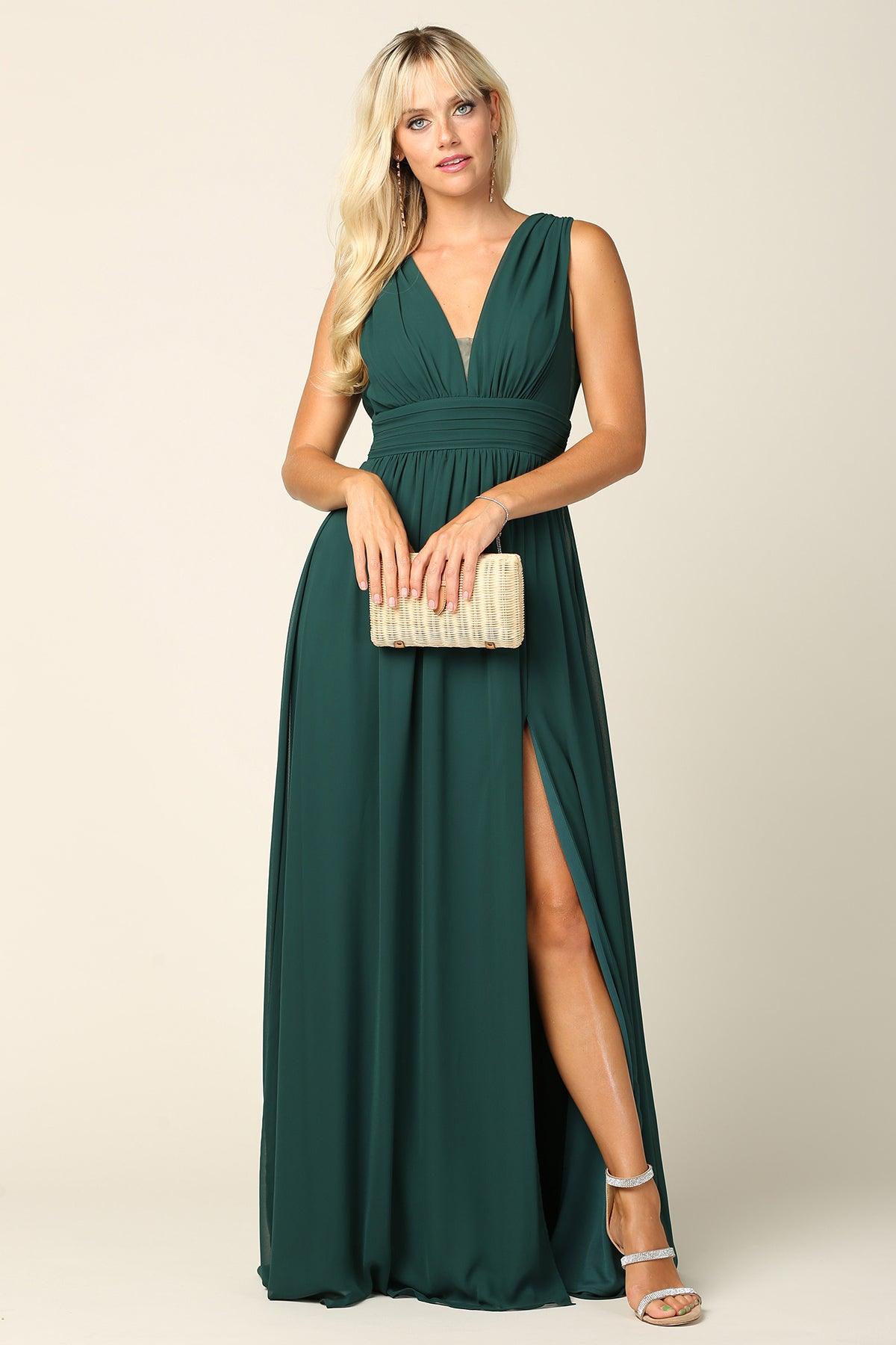 Long Sleeveless Formal Bridesmaids V Neck Dress - The Dress Outlet