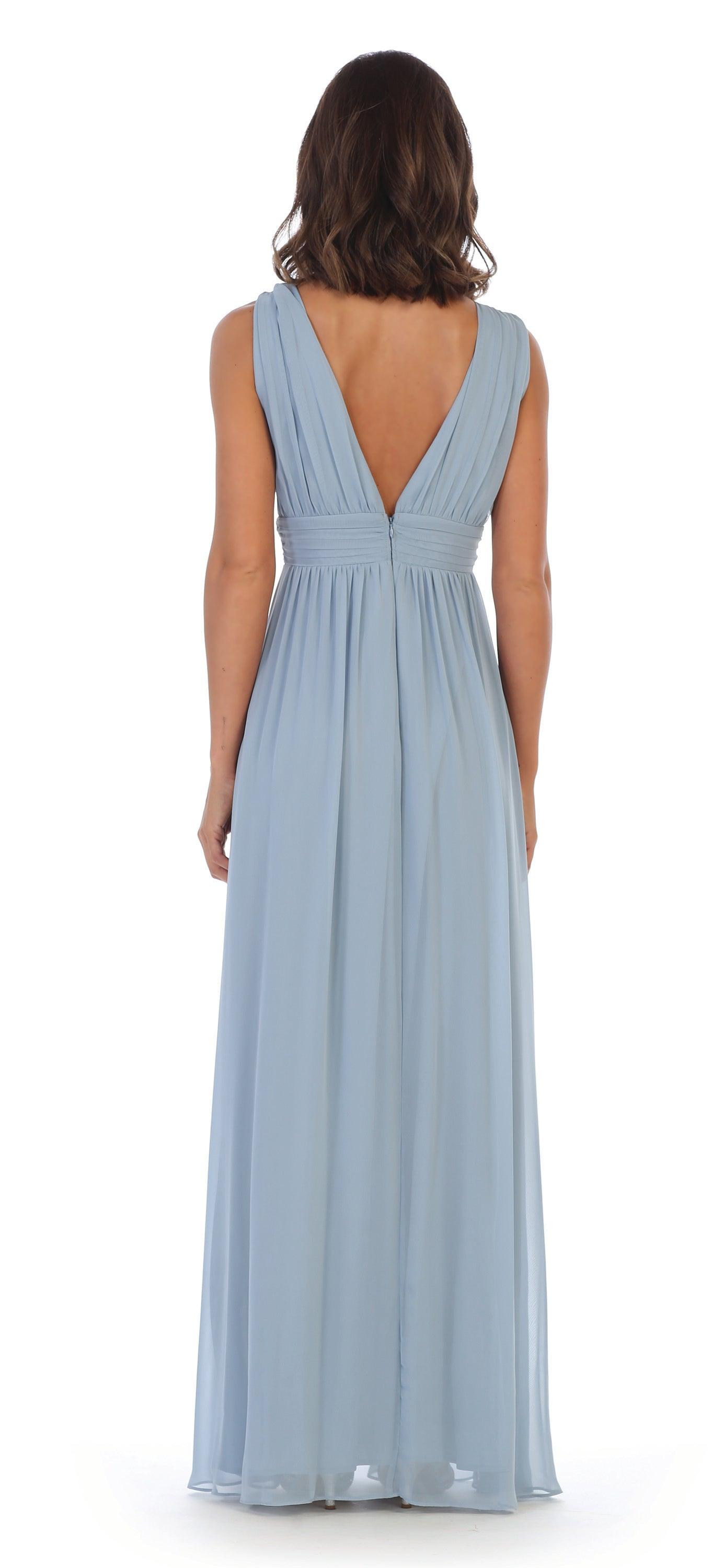 Long Sleeveless Formal Bridesmaids V Neck Dress - The Dress Outlet