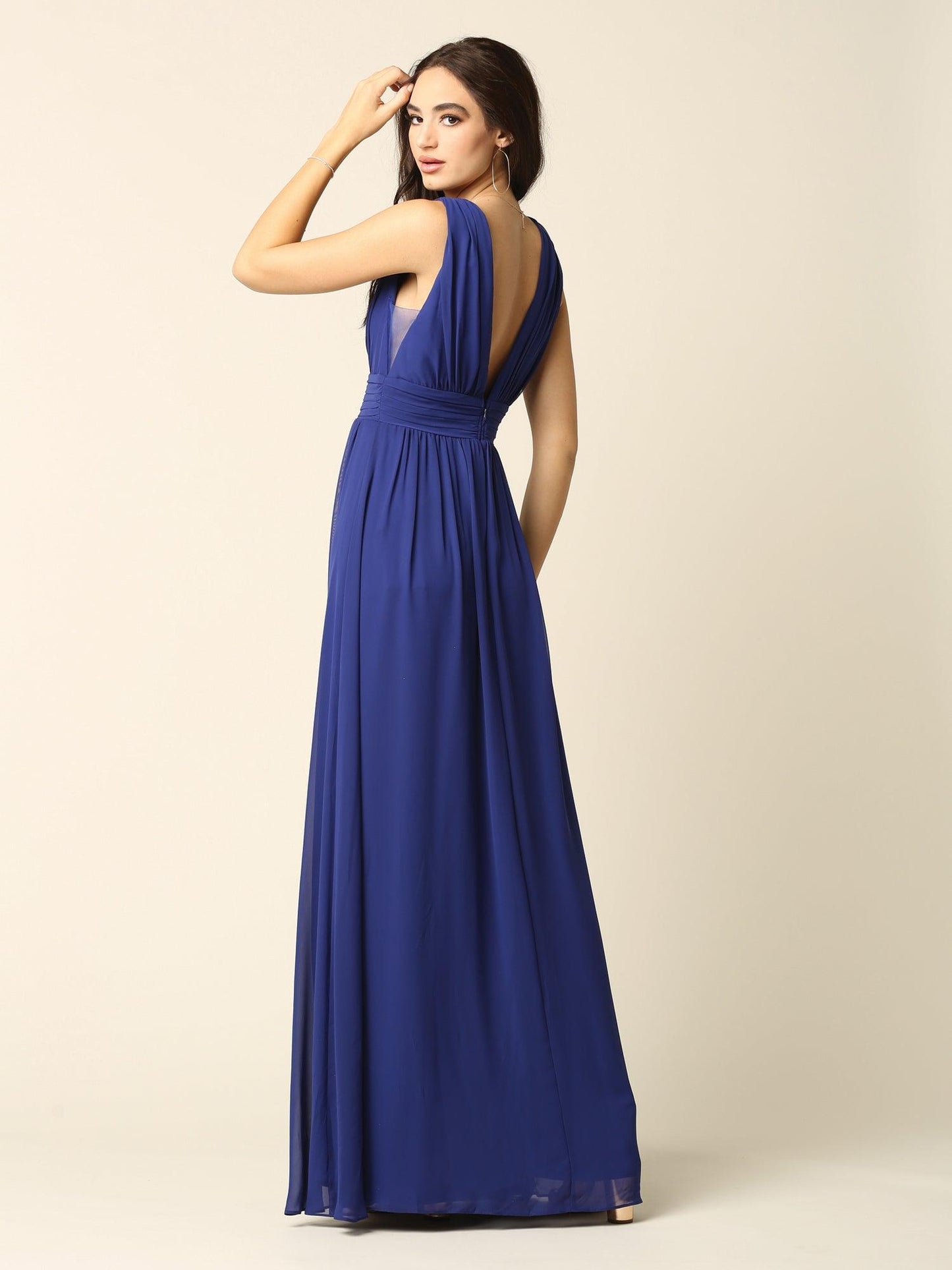 Long Sleeveless Formal Bridesmaids V Neck Dress - The Dress Outlet