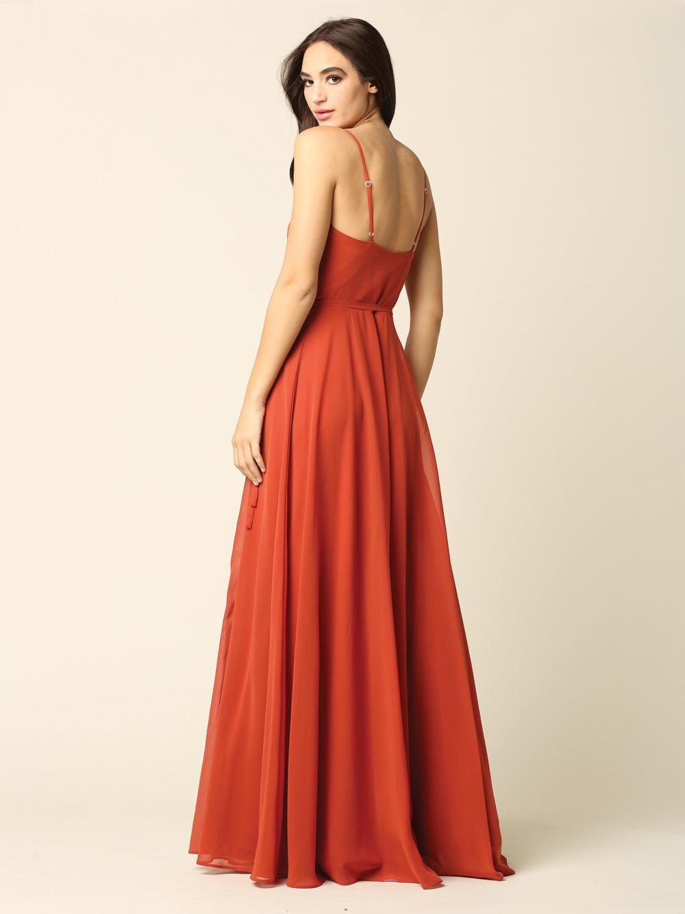 Long Spaghetti Strap Chiffon Wrap Bridesmaids Gown - The Dress Outlet