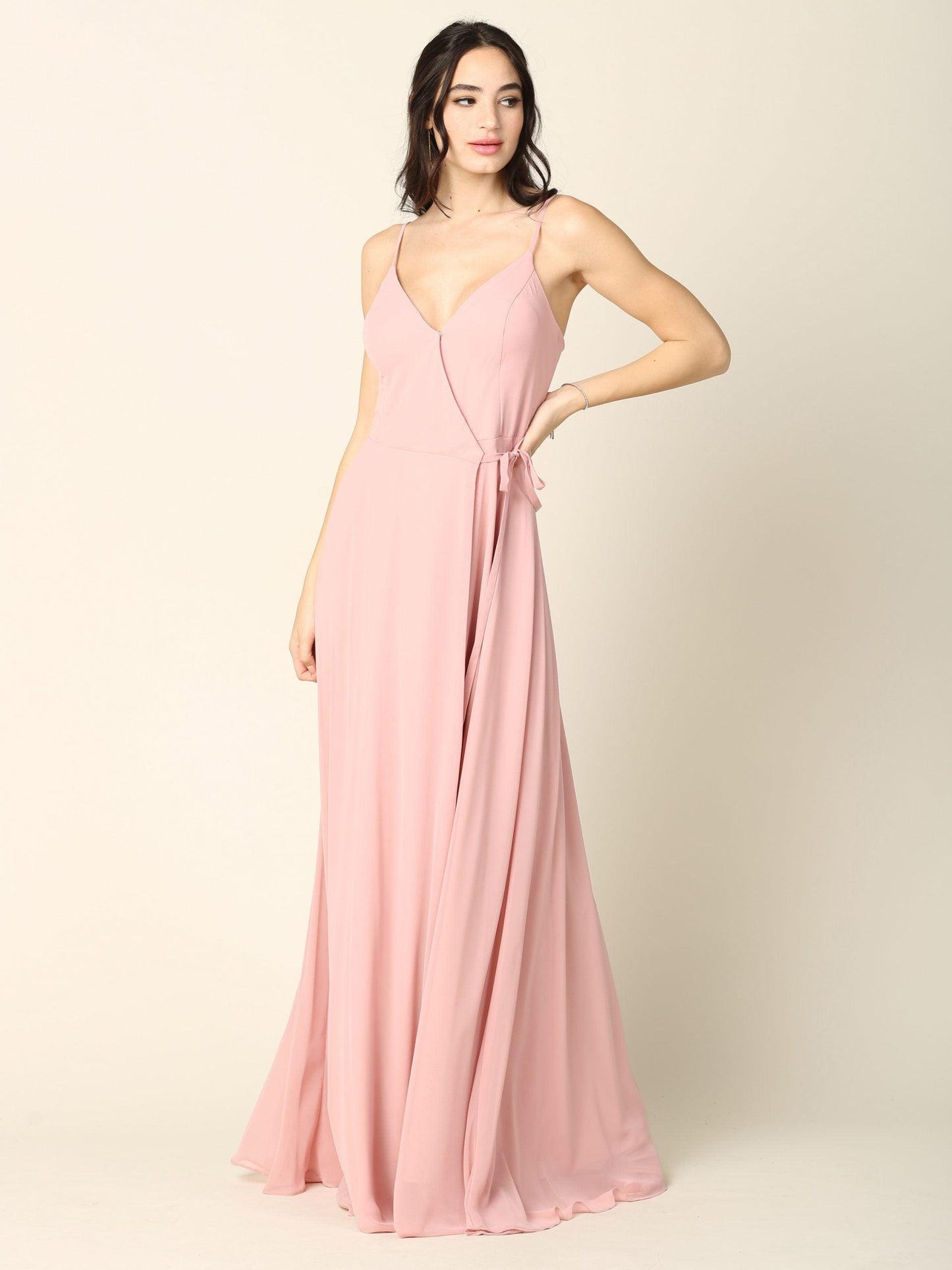 Long Spaghetti Strap Chiffon Wrap Bridesmaids Gown - The Dress Outlet