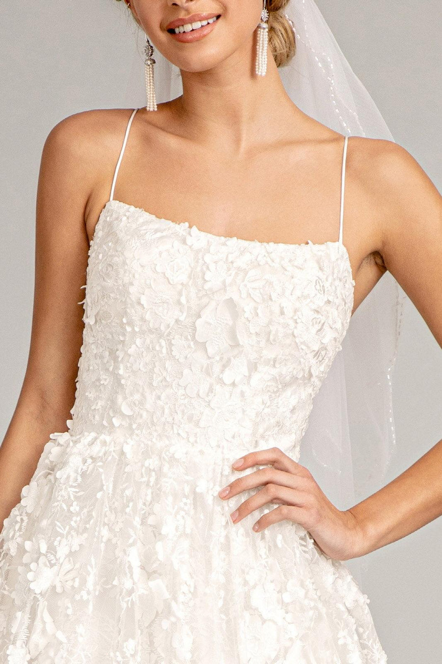 Long Spaghetti Strap Floral Mesh Wedding Dress - The Dress Outlet