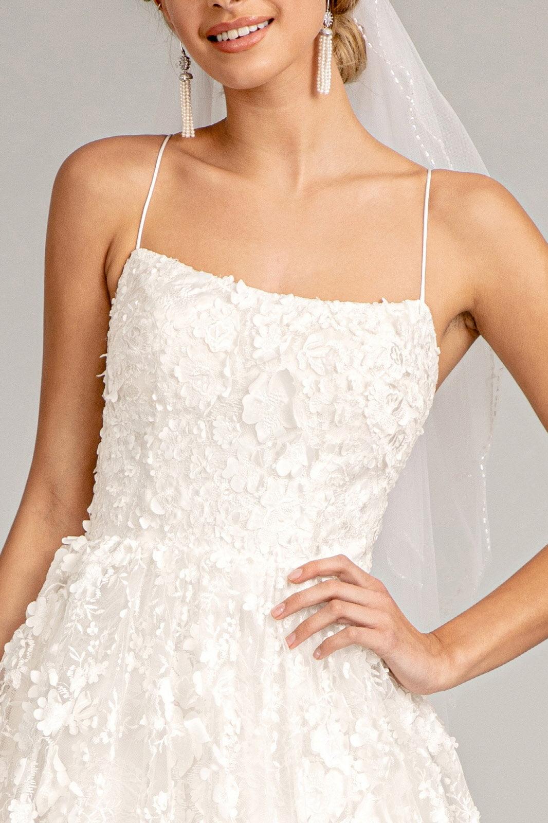 Long Spaghetti Strap Floral Mesh Wedding Dress - The Dress Outlet