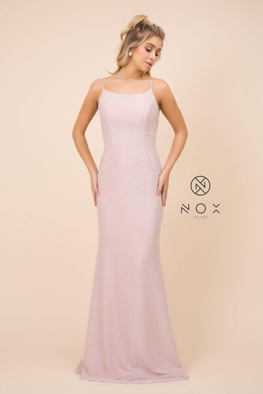 Long Spaghetti Strap Formal Glitter Prom Dress - The Dress Outlet Nox Anabel