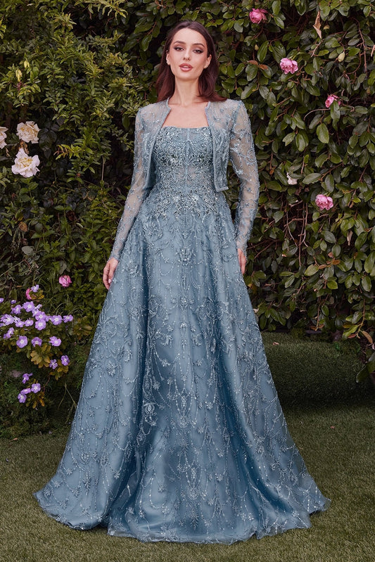 Prom Dresses Long A Line Removable Jacket Formal Prom Dress Dusty Blue