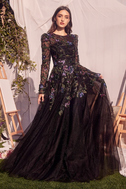 Formal Dresses Long A Line Floral Layered Formal Dress Black