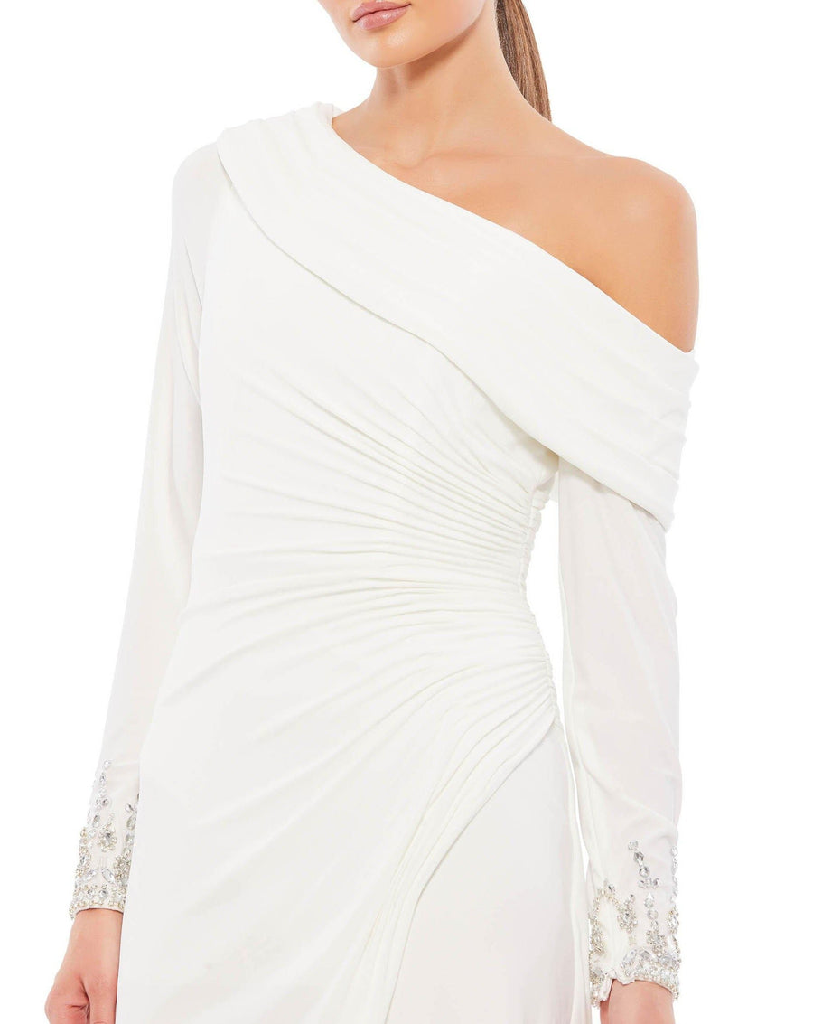 Mac Duggal Foldover Long Sleeve Jeweled Midi Dress 26485 - The Dress Outlet