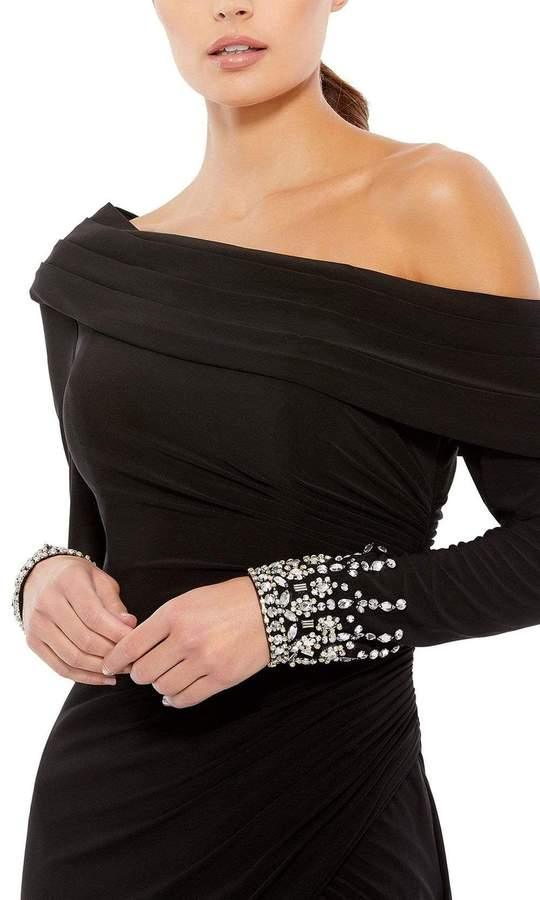 Mac Duggal Foldover Long Sleeve Jeweled Midi Dress 26485 - The Dress Outlet