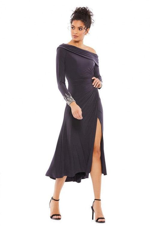 Mac Duggal Foldover Long Sleeve Jeweled Midi Dress 26485 - The Dress Outlet