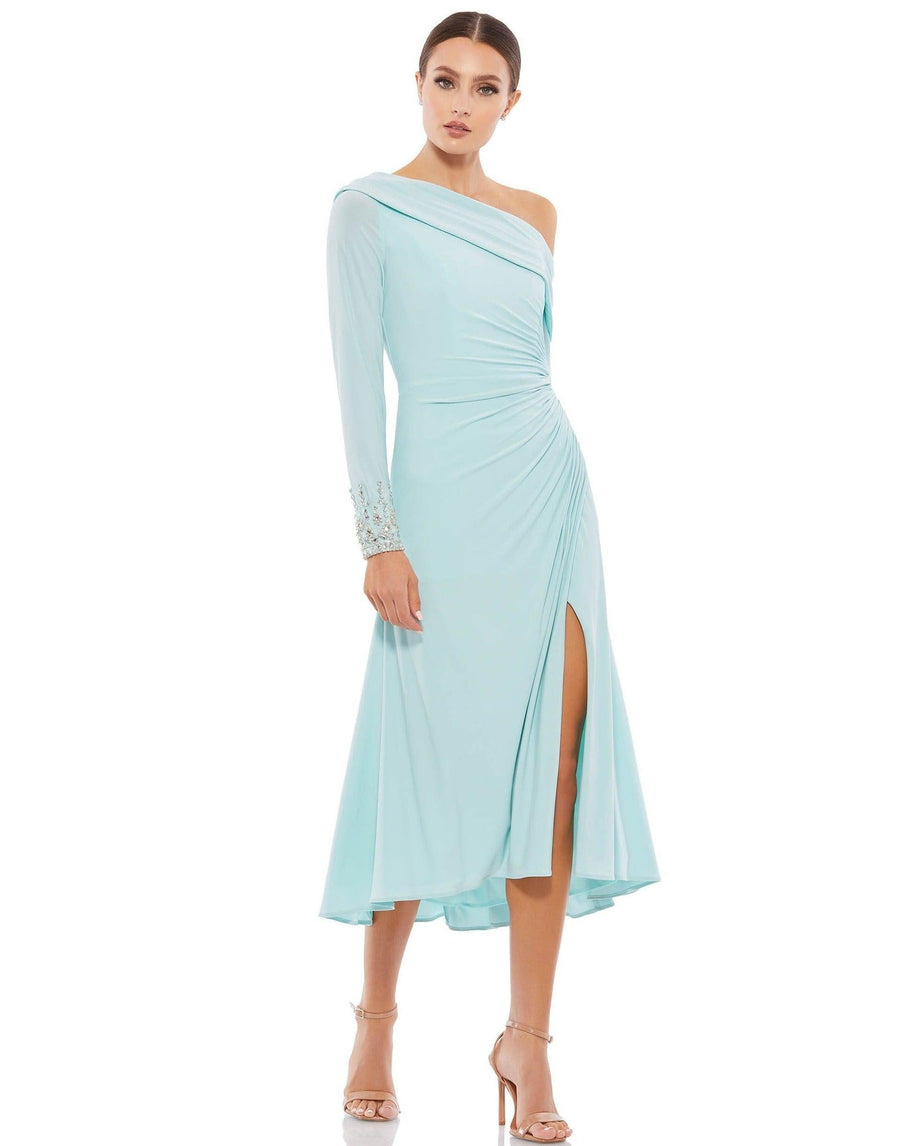 Mac Duggal Foldover Long Sleeve Jeweled Midi Dress 26485 - The Dress Outlet