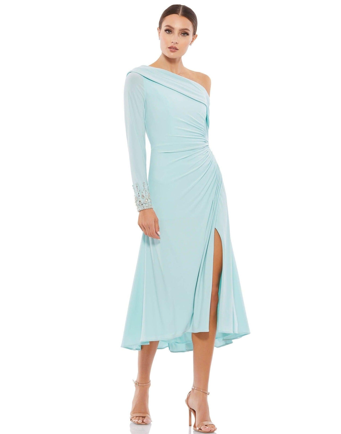 Mac Duggal Foldover Long Sleeve Jeweled Midi Dress 26485 - The Dress Outlet