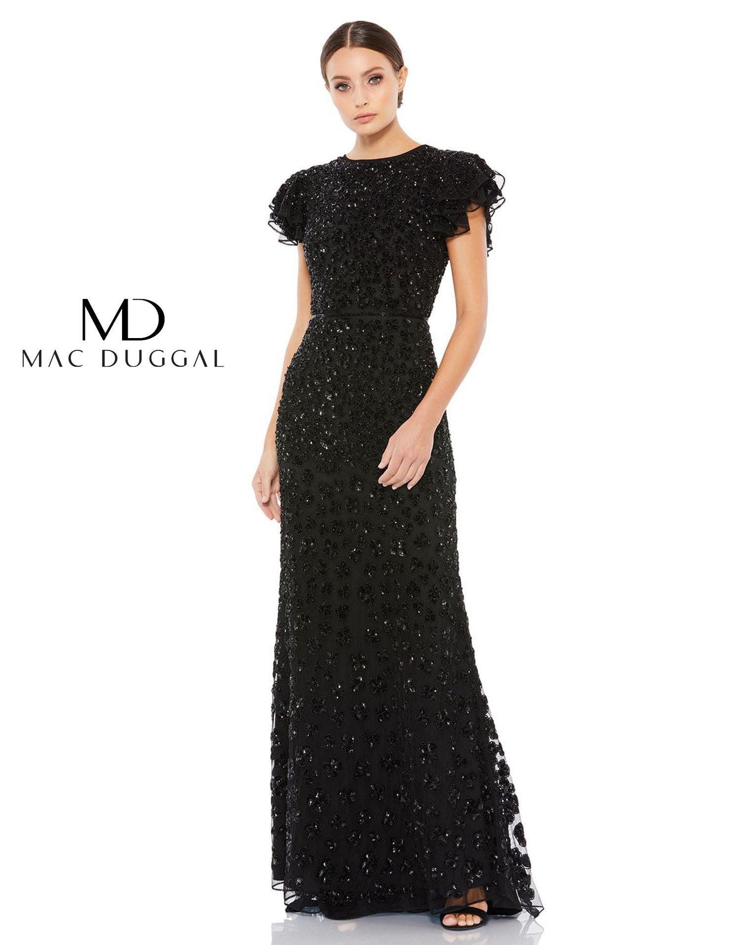 Mac Duggal Long Formal Ruffle Cap Sleeve Dress10748 - The Dress Outlet