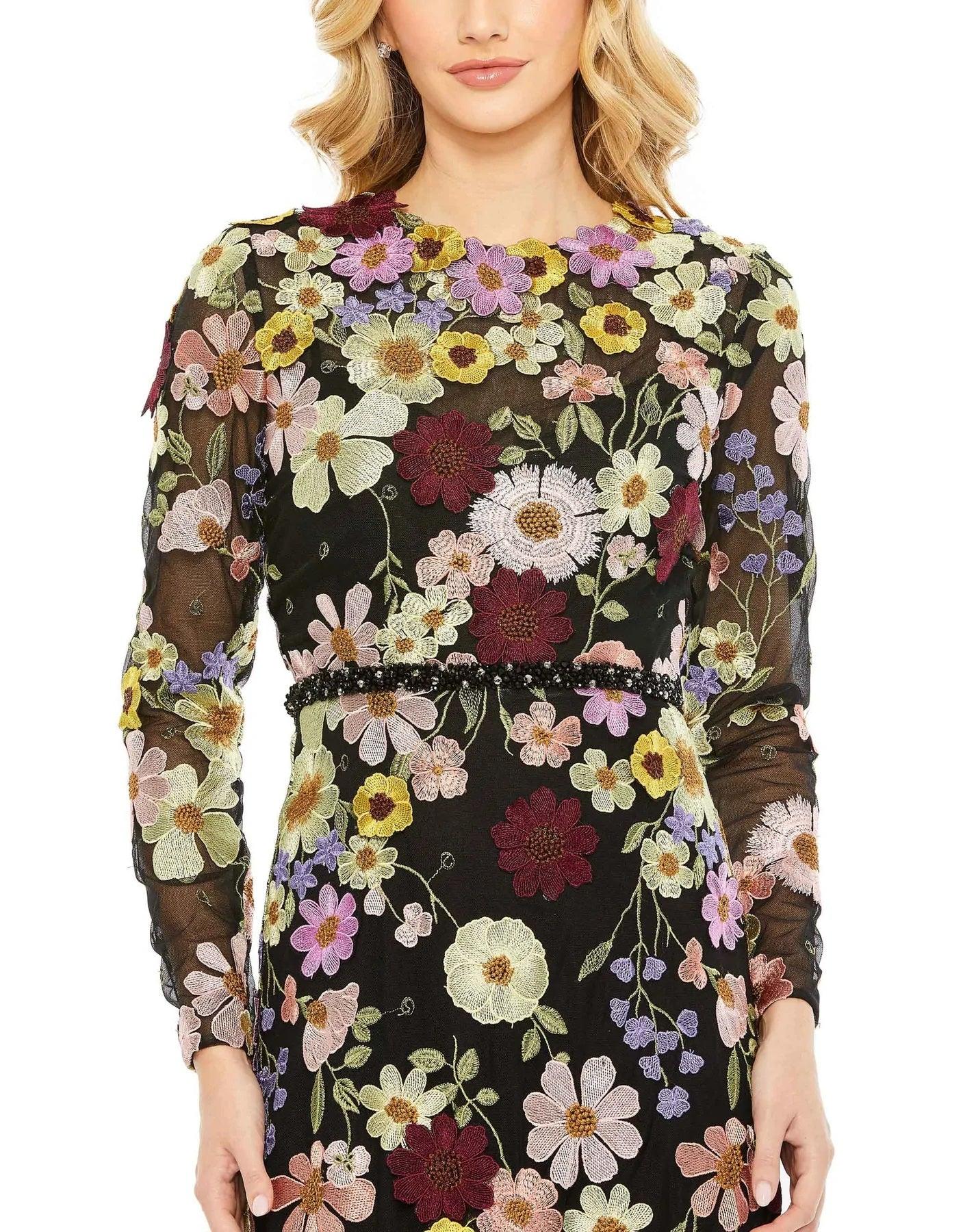 Mac Duggal Long Sleeve Floral Formal Dress 68201 - The Dress Outlet