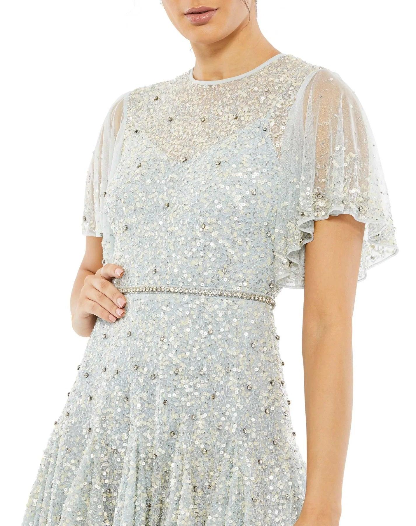 Mac Duggal Short Sleeve Tea Length Dress 93655 - The Dress Outlet