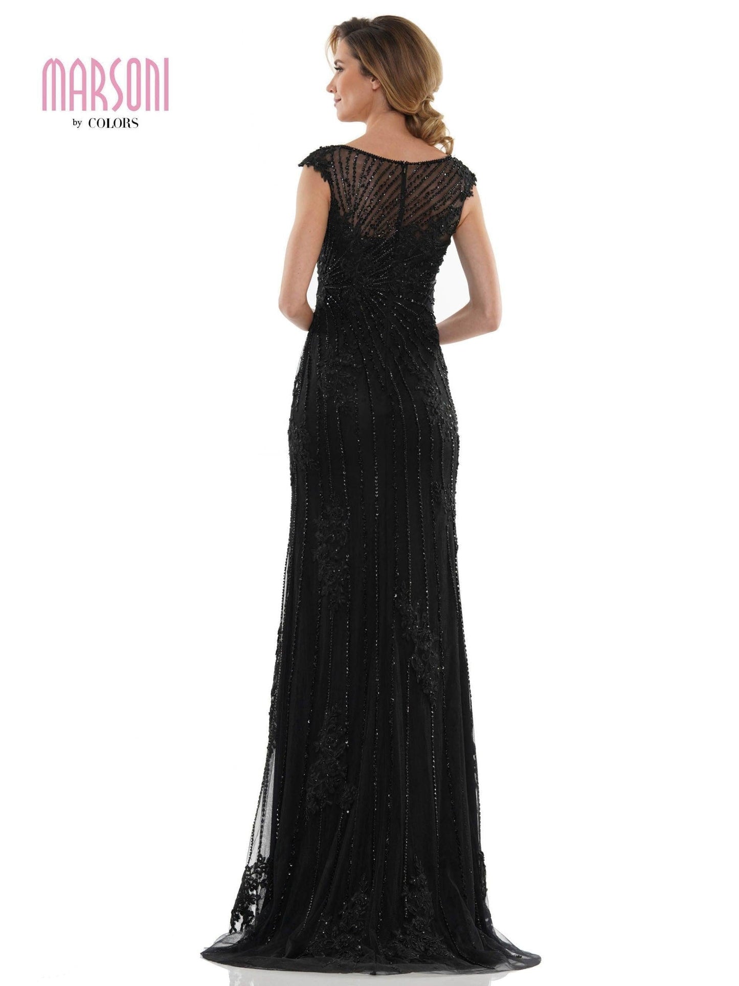 Marsoni Long Cap Sleeve Formal Beaded Dress 1128 - The Dress Outlet