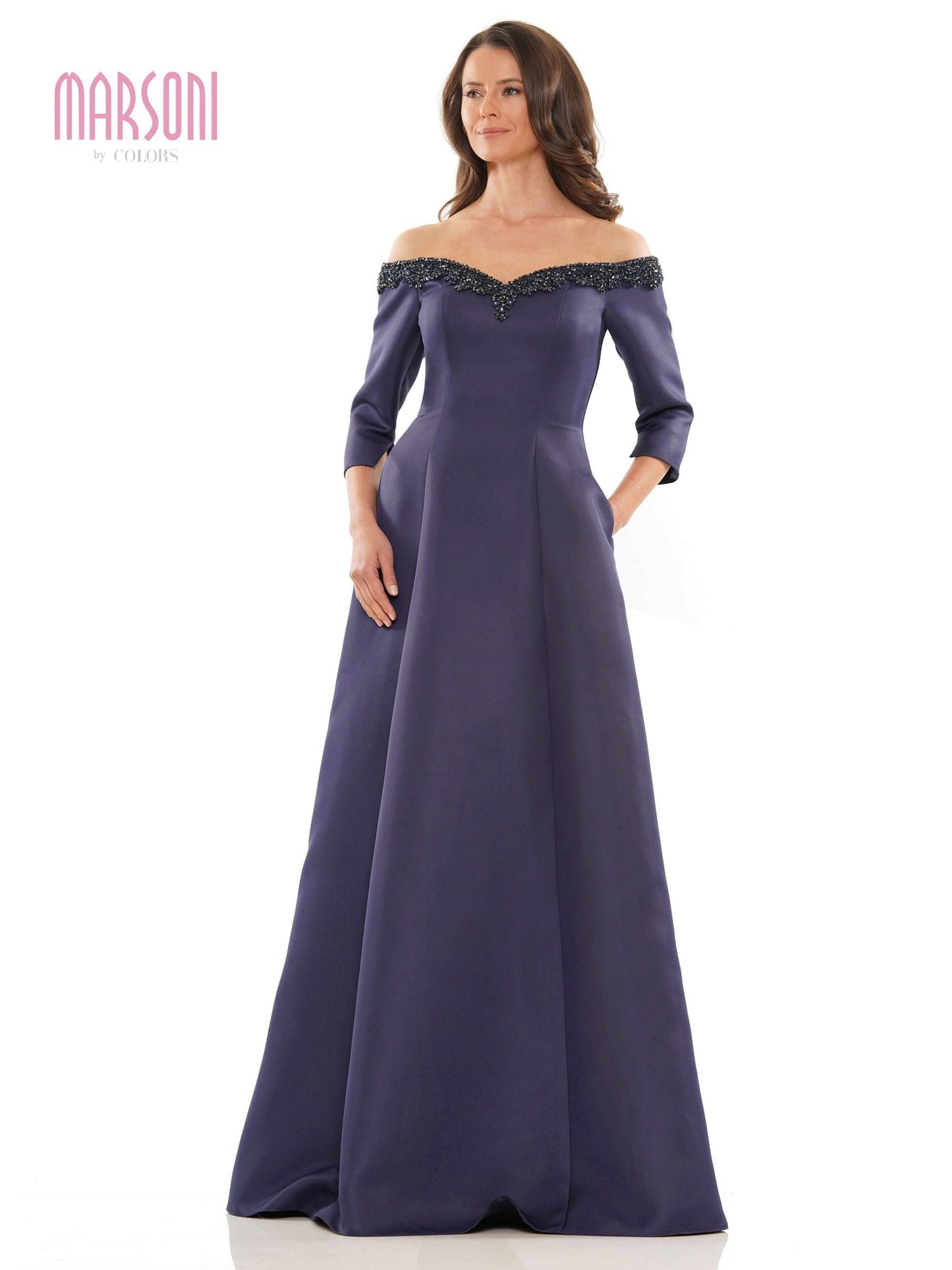Marsoni Long Off Shoulder Beaded Formal Gown 1177 - The Dress Outlet