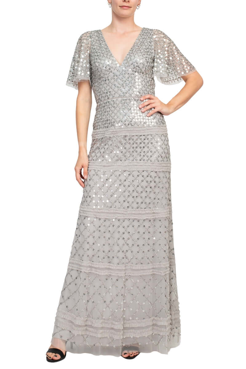 Formal Dresses Beaded Long Formal Evening Sequin Dress Silver Dove