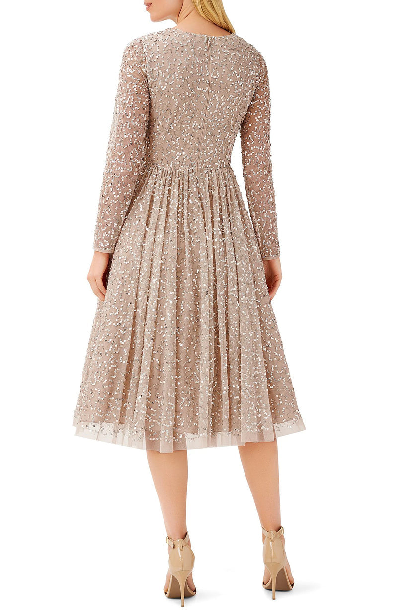 Mother of the Bride Dresses Short Mother of the BrideLong Sleeve Midi Beaded Dress CHAMPAGNE